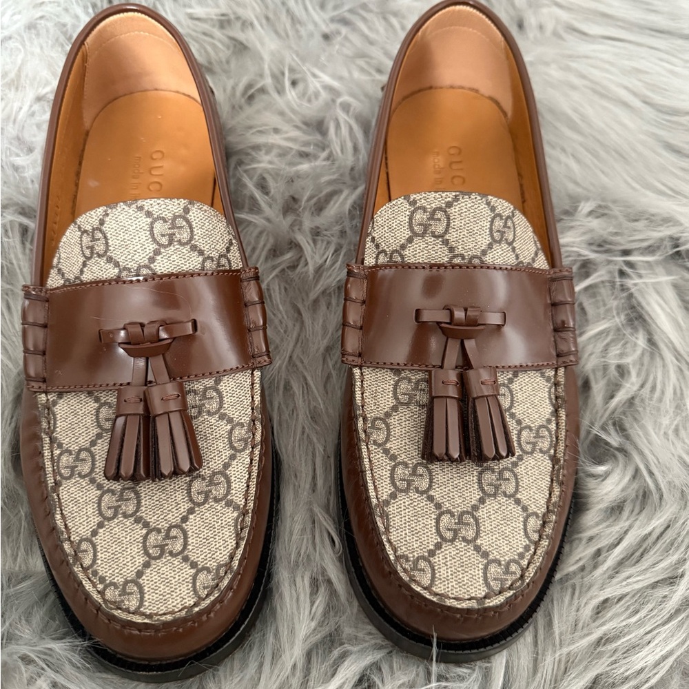 AUTHENTIC Men Gucci Beige and Brown Monogram Loafers